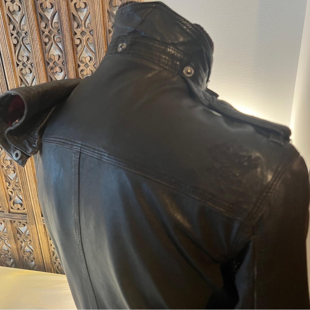 Superdry Men's Brown Leather Hooded Jacket with Red Lining - Picture 6 of 8